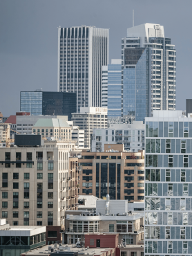 Densely packed tall buildings in downtown Portland, Oregon.