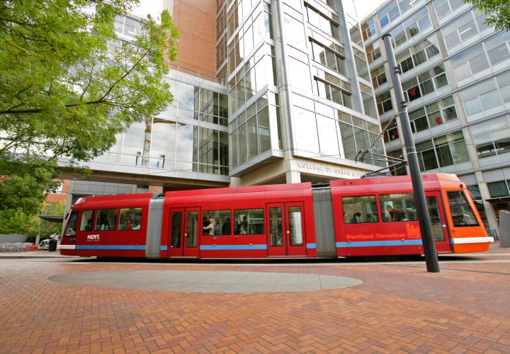Portland Streetcar going through Urban Plaza