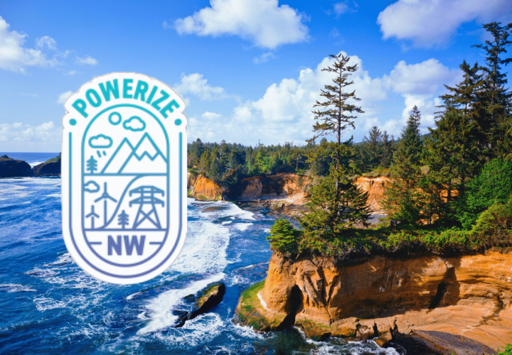 The Powerize NW logo in front of the Oregon coast line. The Powerize logo features mountains, wind turbines, and a electrical transformer. On the right there are scrubby trees and red earth, on the left there is bright water and breaking waves.