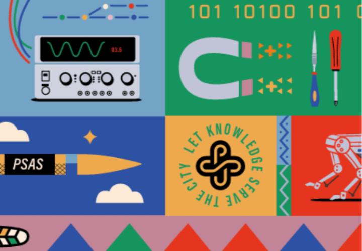 Colorful boxes with cartoony drawings of a radio, a magnet, a rocket, and the PSU logo with the motto, "let knowledge serve the city".