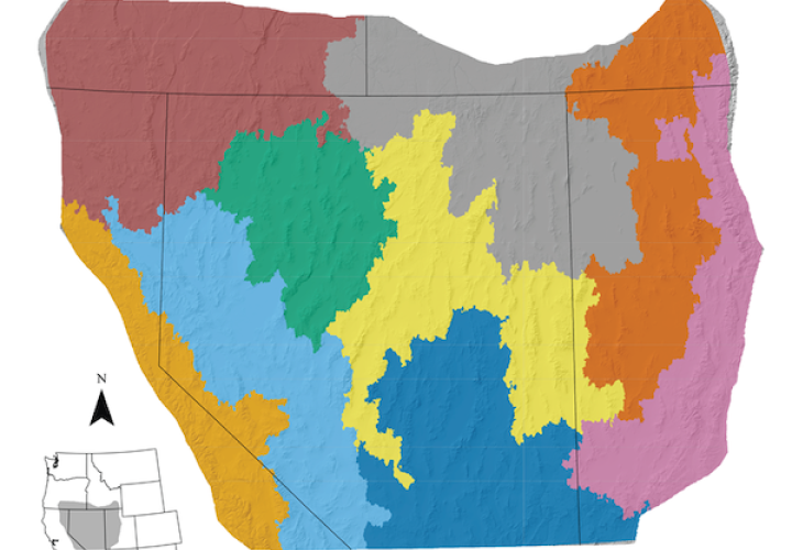 ARID map showing the geologically similar zones in the great basin in different colors