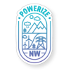 A logo with the text "Powerize NW" and cartoon illustrations of mountains, an electrical transformer, and wind turbines.