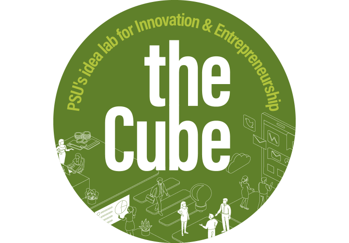 The Cube button with logo and tagline