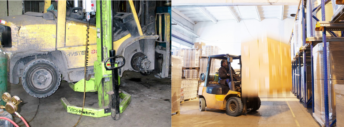 Forklift being lifted for repair and a forklift lifting a load