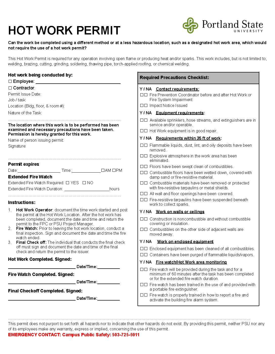 PSU hot work permit