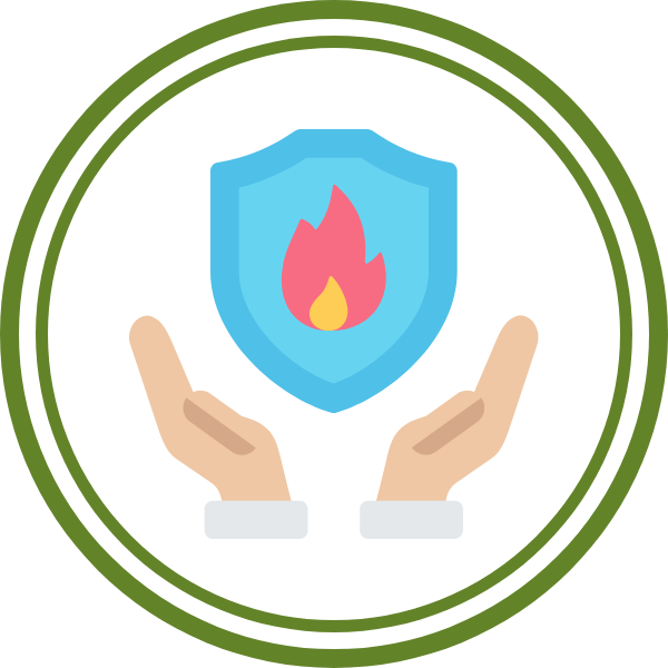 Open hands with a fire safety badge