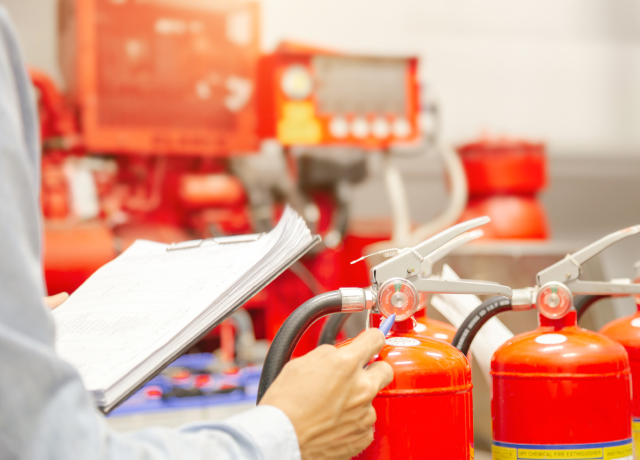 Inspector examining fire extinguishers