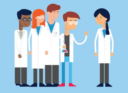 Four people wearing lab coats looking towards one other person in a lab coat