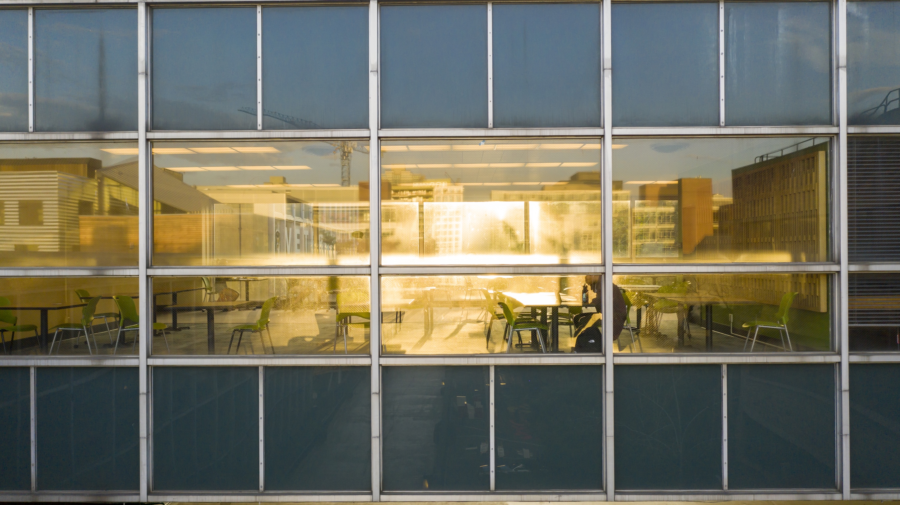 View of classroom through window from outside