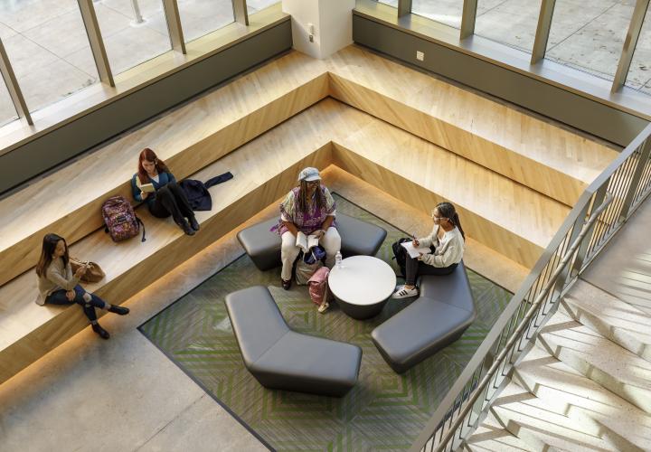 Students sitting in atrium of Viking Pavilion