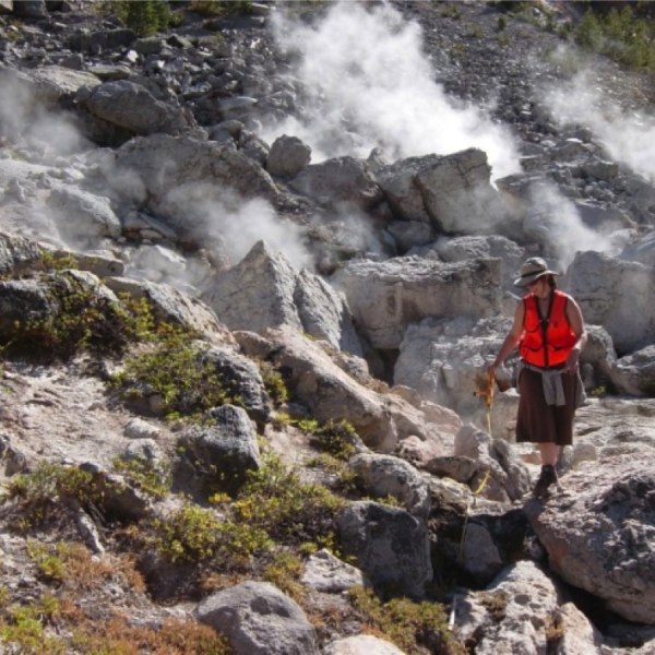 Student sampling moss at Lassen National Park