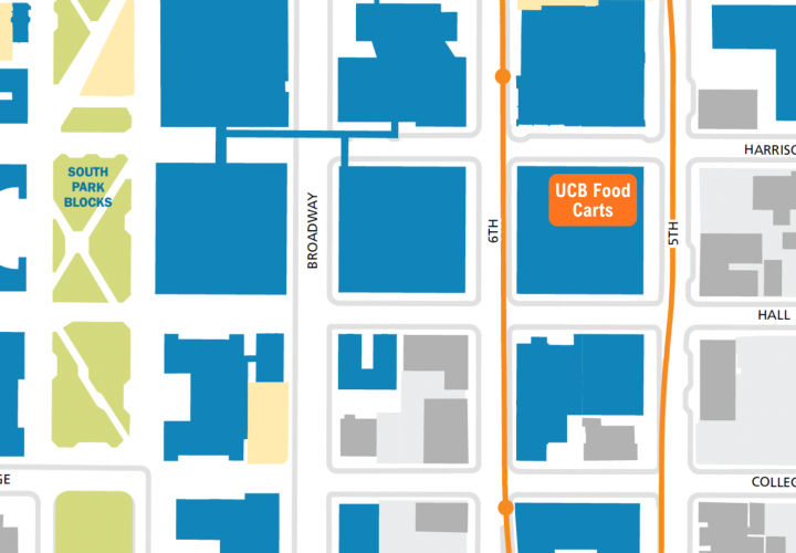 Map showing the UCB Food Carts on the block bounded by 6th Avenue to the west, 5th Avenue to the east, Harrison Street to the north, and Hall Street to the south, near the South Park Blocks.