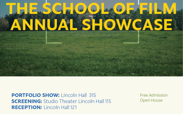 Grassy field with text reading The School of Film Annual Showcase