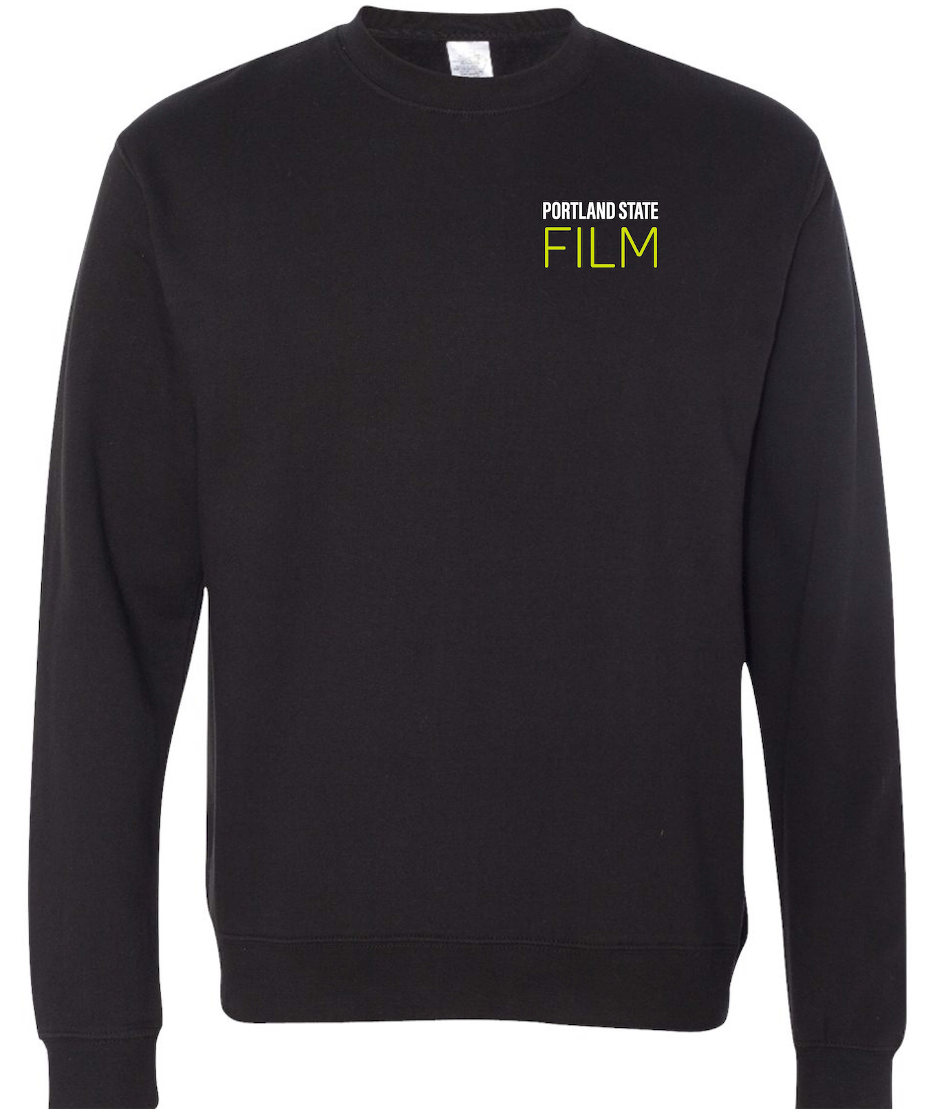 Black sweatshirt with Portland State Film stitched in the upper right corner of the shirt