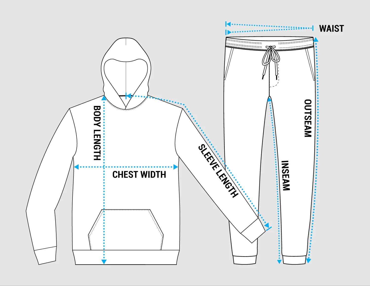 A diagram of a sweatshirt and sweatpants