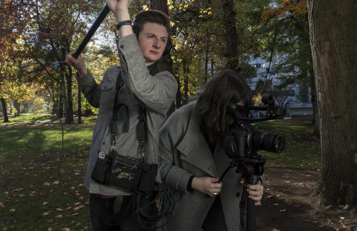 Students filming in Park Blocks