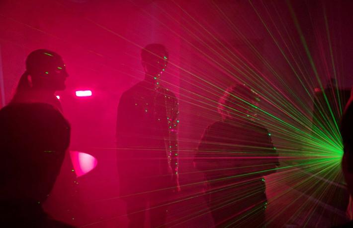 Student filmmaker in red light