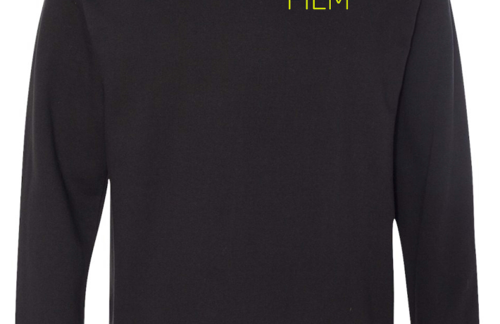 Black sweatshirt with Portland State Film stitched in the upper right corner of the shirt