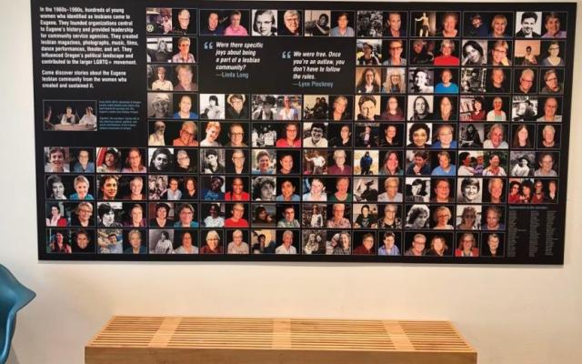 Black board with a grid of photos of people