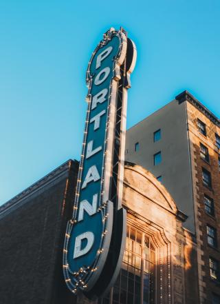 Lighted sign reading Portland