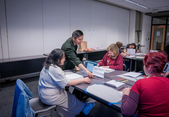 PSU professor and students during art activity