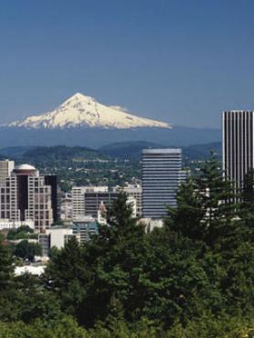 The Portland skyline with Mount Hood in the background.