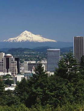 Portland skyline with Mount Hood in the background.
