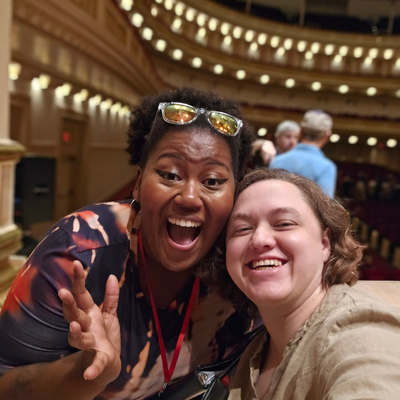 Coty Raven Morris (left) with Robyn Story on Carnegie stage