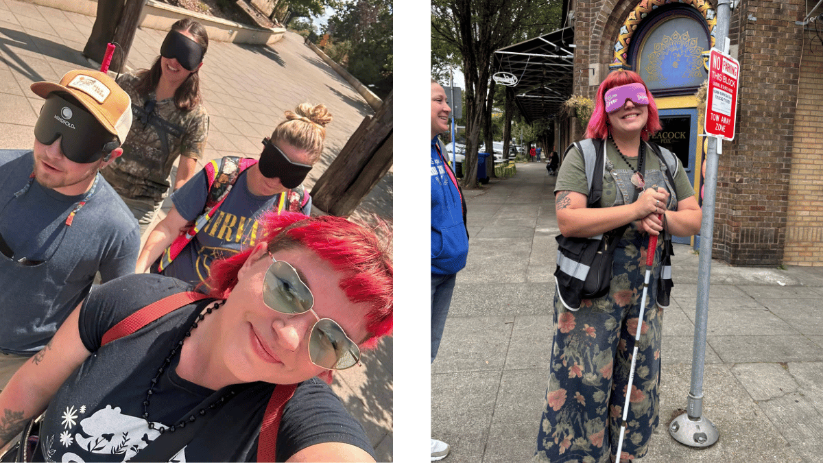 orientation and mobility students navigating sidewalks blindfolded