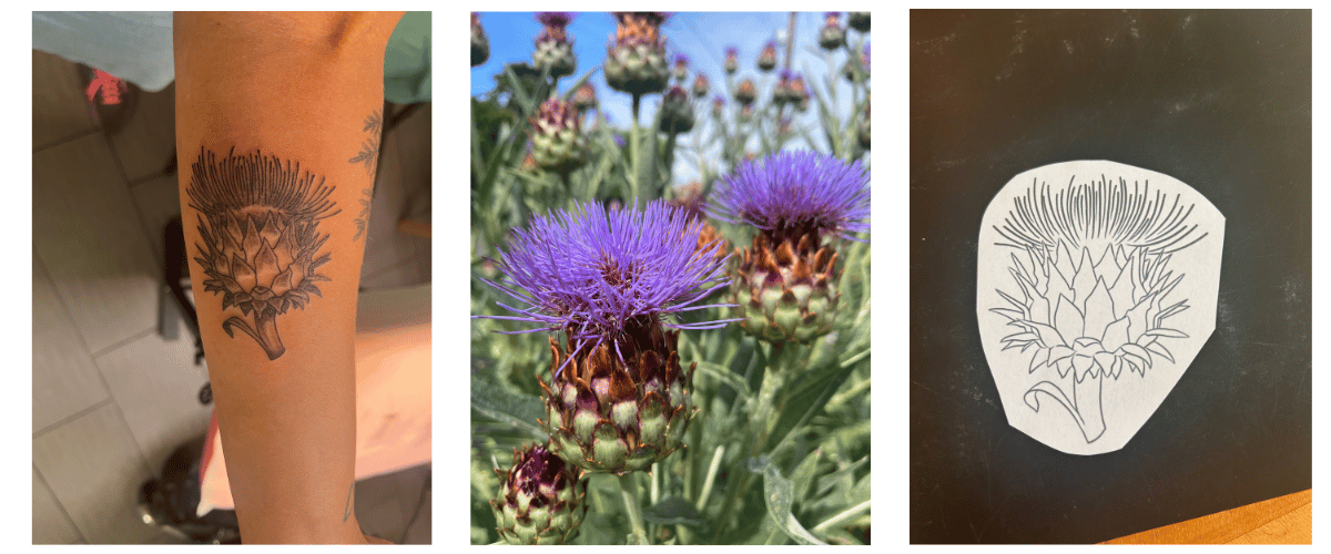 three photos: artichokes, tattoo sketch, and image of finished tattoo