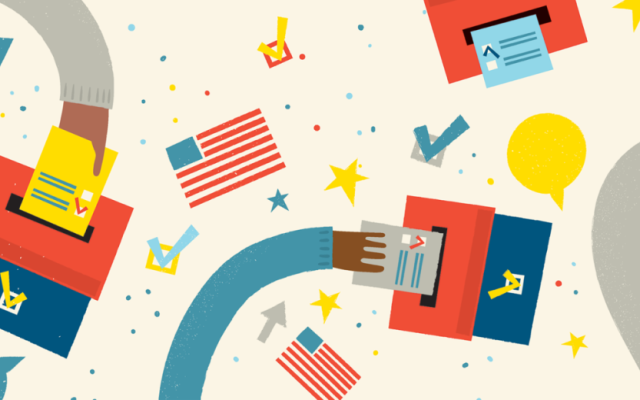 Illustration of hands depositing ballots into red and blue ballot boxes surrounded by stars and American flags