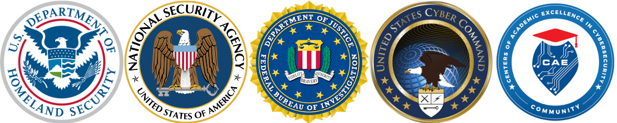 Seals for the US Department of Homeland Security, Centers for Academic Excellence in Cybersecurity, National Security Agency, and United States Cyber Command, and the Federal Bureau of Investigation