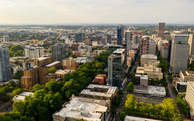 This photo is decorative. A sky view of the Portland State University Campus.