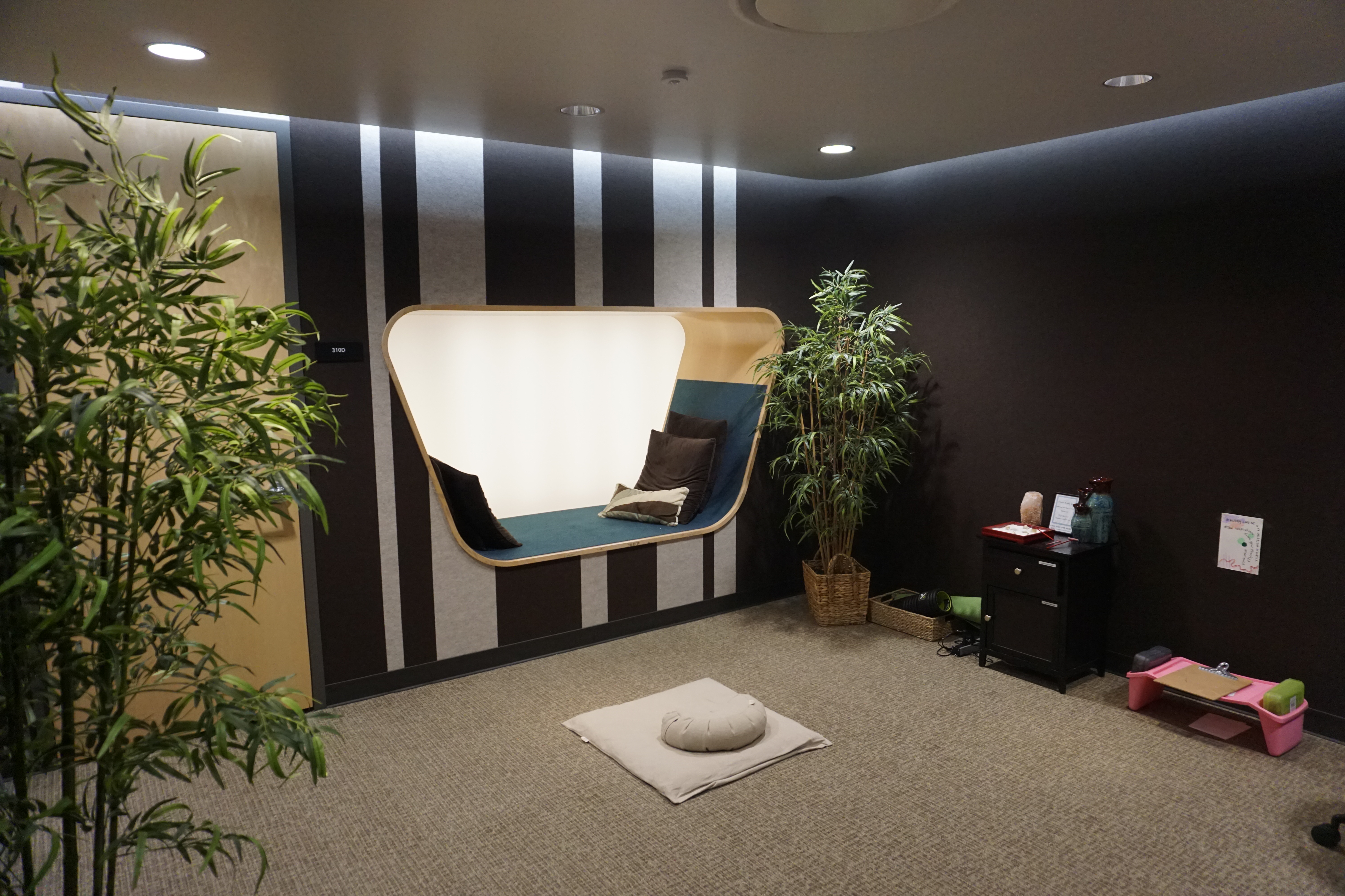 Mind spa relaxation room with light therapy, plants and yoga station.