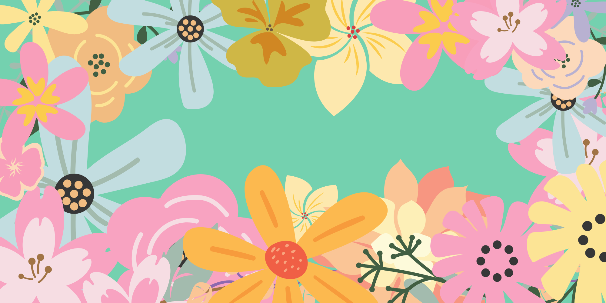 teal background with a border of spring flowers