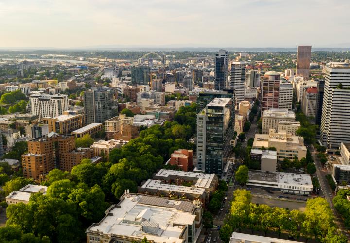 This photo is decorative. A sky view of the Portland State University Campus.