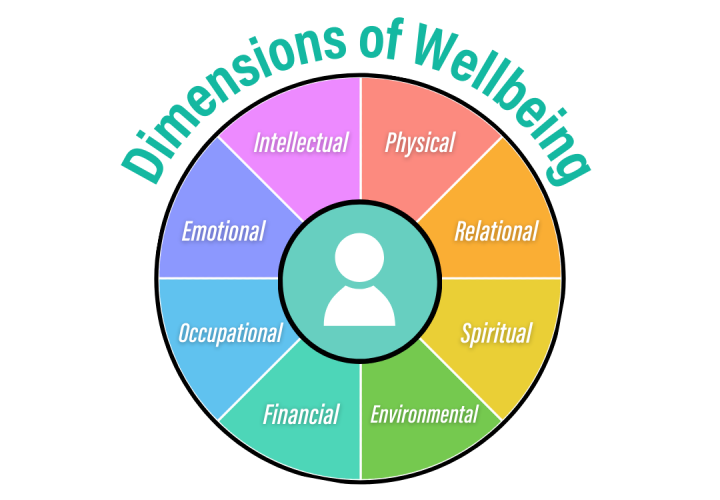 Dimensions of wellbeing wheel - intellectual, physical, relational, spiritual, environmental, financial, academic, emotional and intellectual 