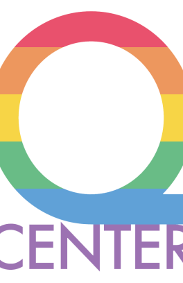 the letter "Q" in rainbow colors with the word "center" underneath it in purple