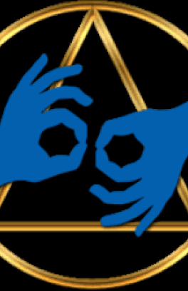 A gold circle with a gold triangle inside it with the portland deaf access committee logo