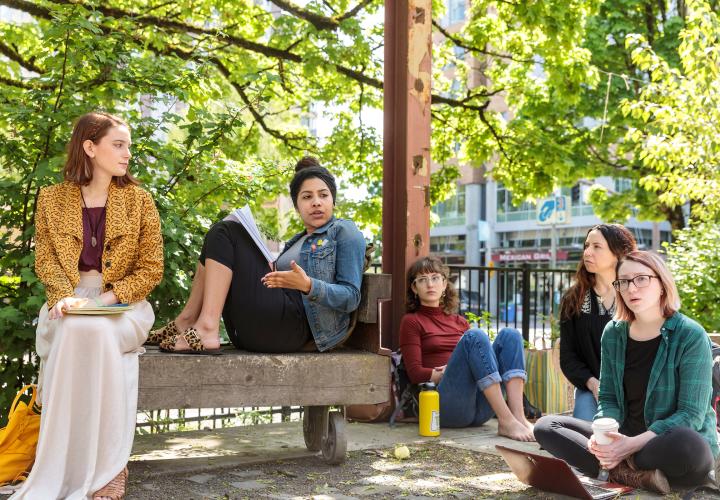 Group of students conversing during outside class