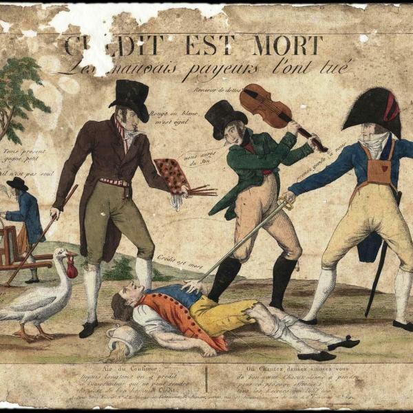 Credit est Mort historical political cartoon, three men in Napoleonic costume