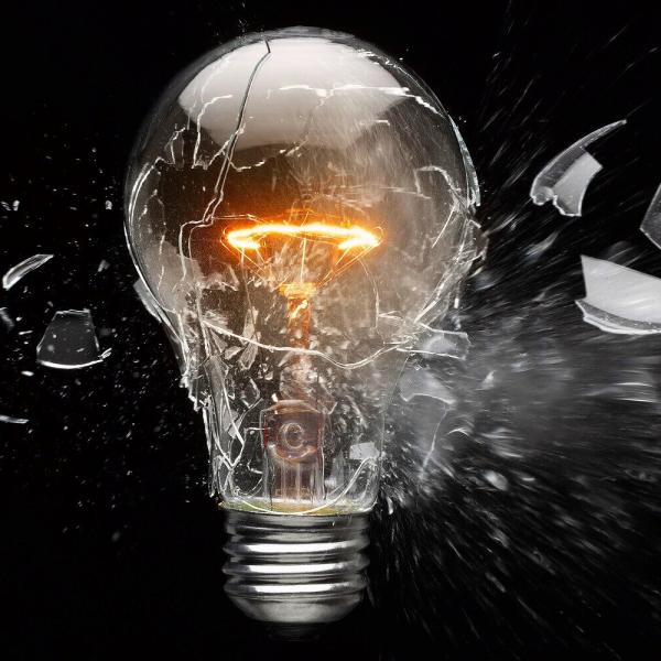 exploded lightbulb with glowing filament