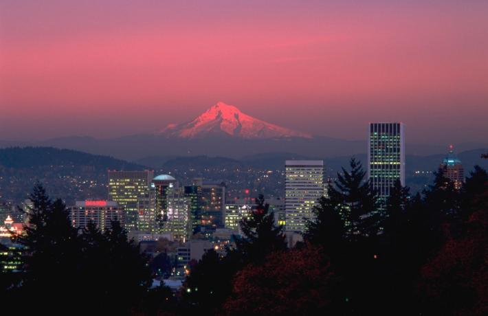 pink sunset over Portland Oregon city skyline
