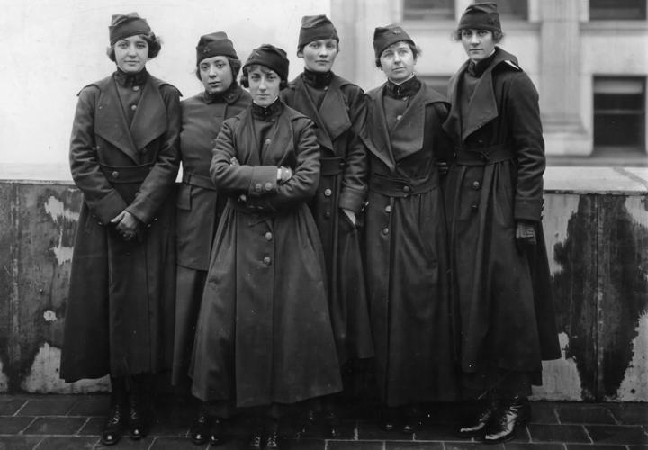 Black and white photo of America's first women soldiers in their uniforms