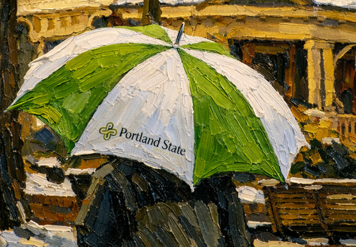 Painting of a person with a PSU Umbrella