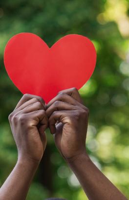 Two hands holding red paper heart in front of a blurred green backdrop.