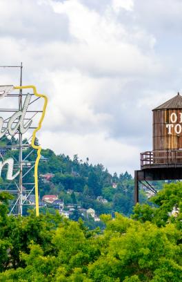 On the left side of the photo is the Portland city sign, and to the right is a brown water tower that says "Old Town". There are trees in the foreground and background.  