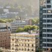 A picture of some buildings in the city, with trees in the background and middle ground. 