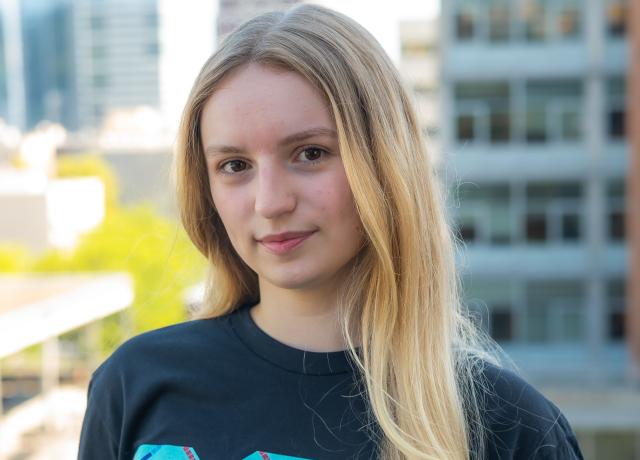 Adel Sommer with Portland Buildings behind her