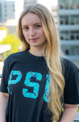 Adel Sommer with Portland Buildings behind her